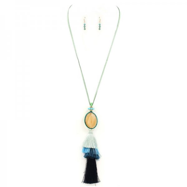 Oval Stone Tassel Pendant Necklace Set