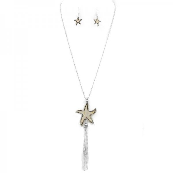 Starfish Pendant Tassel Long Necklace Set