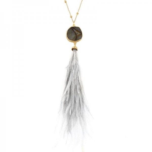 Genuine Stone Pendant Feather Necklace